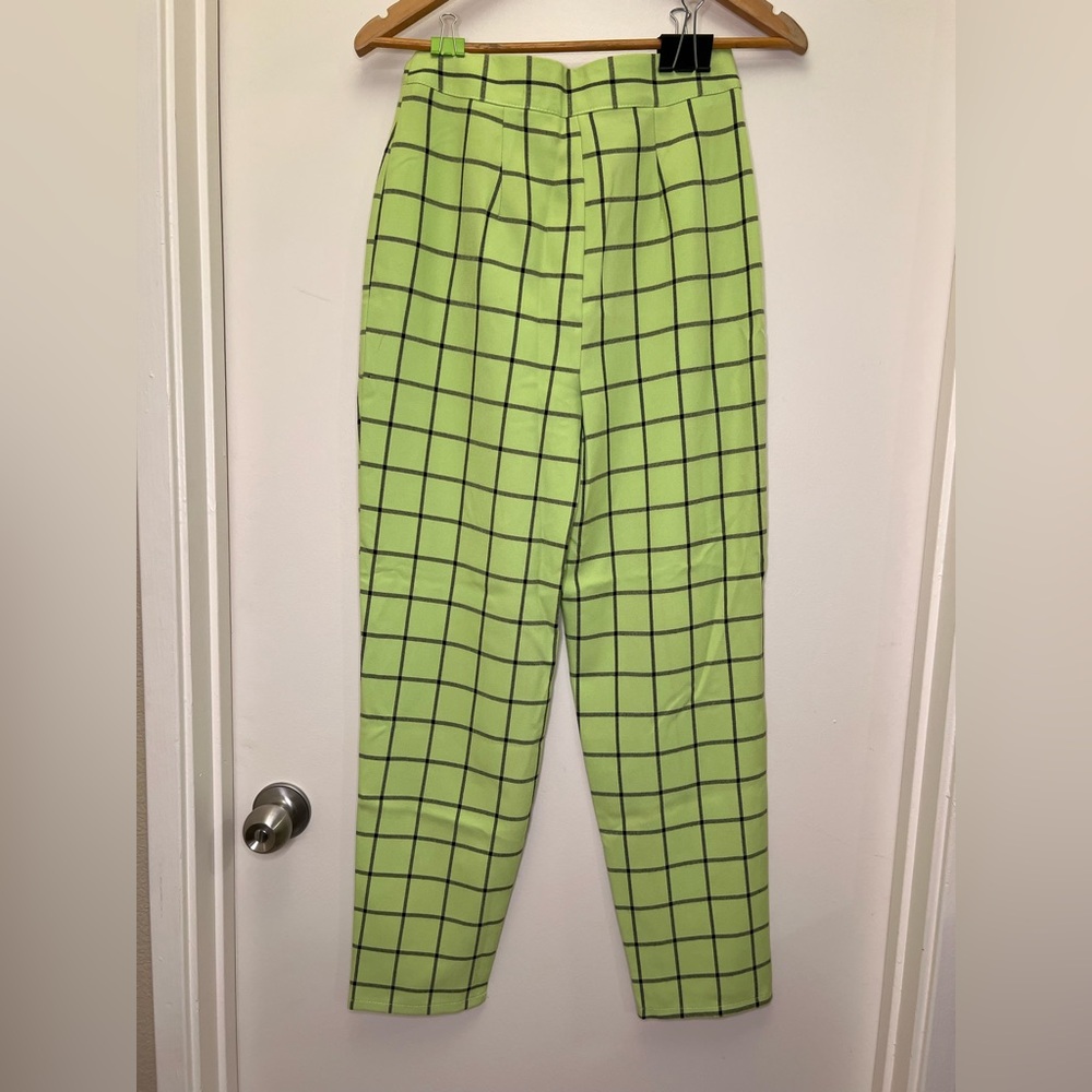 Nasty Gal Lime Green Checkered Trousers NWT High Waist Straight Leg Pants - Picture 3 of 12